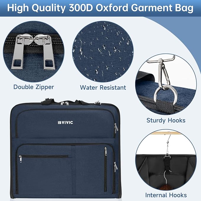 Garment Bags for Travel, 41'' Water-Resistant Carry On Garment Bag for Hanging Clothes, Large Suit Travel Bag Convertible Travel Garment Bag for Shirts, Dresses, Coats (Blue)