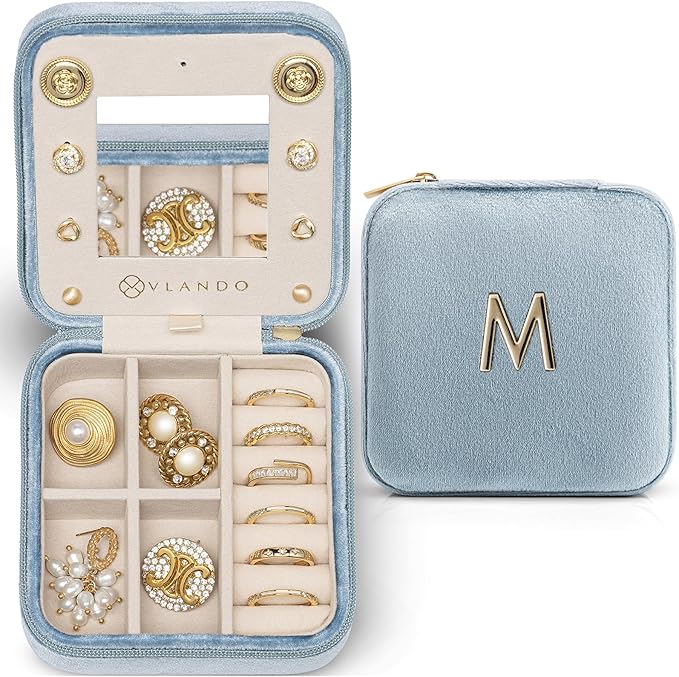 Vlando Mother's Day Gift for Women Girls, L Initial Travel Jewelry Case, Small Jewelry Travel Case, Personalized Travel Mini Jewelry Case, Birthday Gifts for Women Mom Grandma - Letter M, Blue