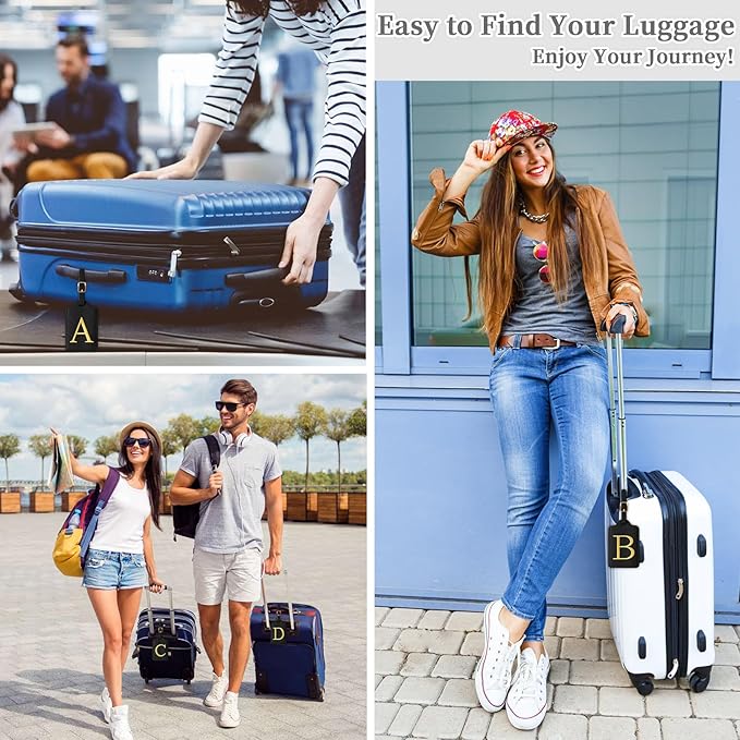 Personalized Initial Luggage Tags for Suitcase TSA Approved, Black Leather Cute Luggage Tag with Privacy Cover Name Card, Embroidered Custom Luggage Tags Travel Backpack Tags Gifts for Women Kids(I)