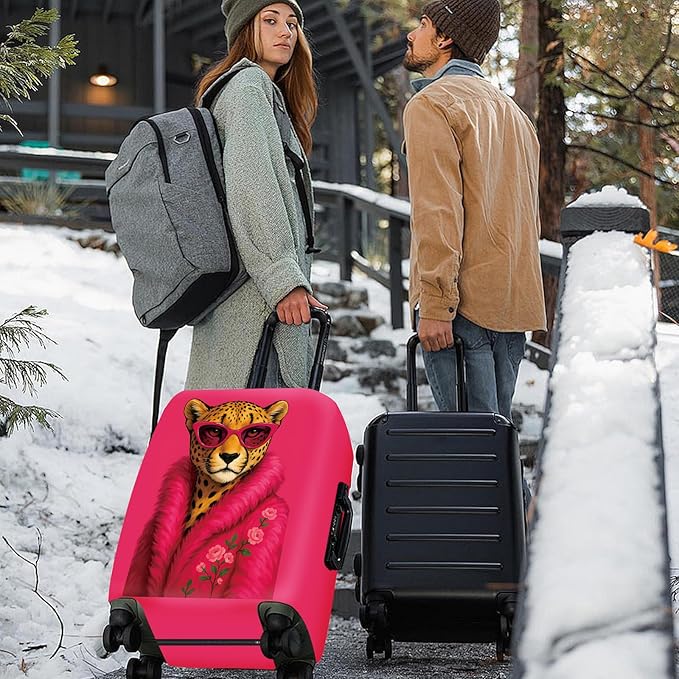 ANNA QUEEN Fashionable Leopard Luggage Cover, Leopard in Pink Coat and Sunglasses, Stretchable, Washable Travel Sleeve for 32-34 Inch Luggage
