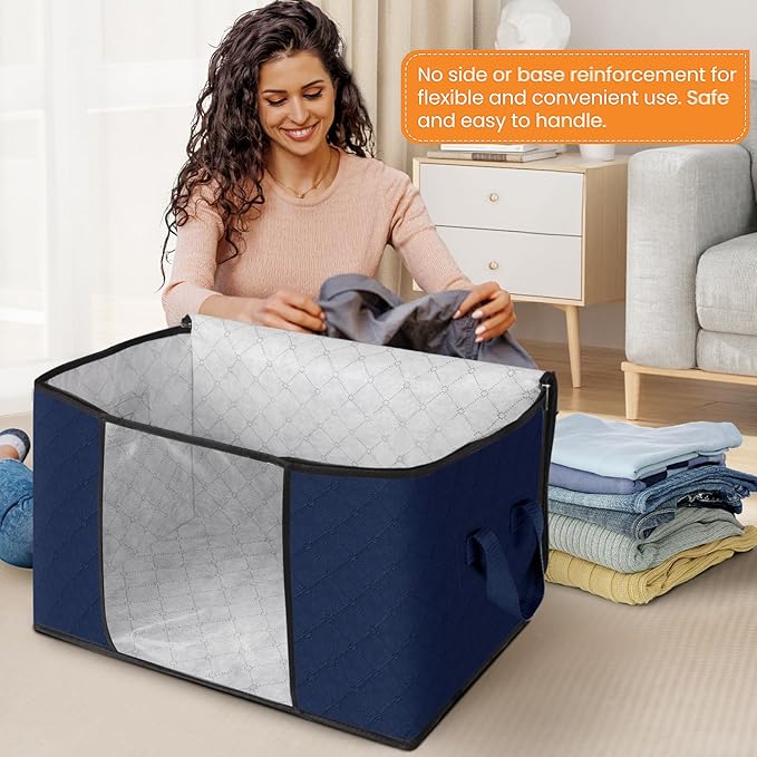 Fab totes 24 Gallons Clothes Storage, Foldable Thick Fabric Blanket Storage Bags, Containers for Organizing Bedroom, Closet, Clothing, Comforter, Organization with Handle (10 Pack,Blue)