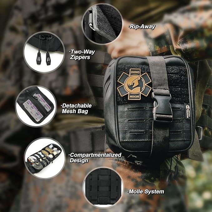 RHINO RESCUE IFAK Trauma Kit with C-A-T Tourniquet, Tactical First Aid Kit Molle Pouch for Military, Combat, Car, Camping, Hiking, Travel (Coyote Brown)