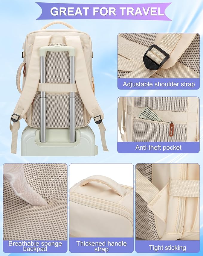 42L Travel Laptop Backpack, Expandable Carry-on Luggage, Anti-Theft Business Weekender Bag with USB Port, 3 Packing Cubes & Shoe Bag (Beige)
