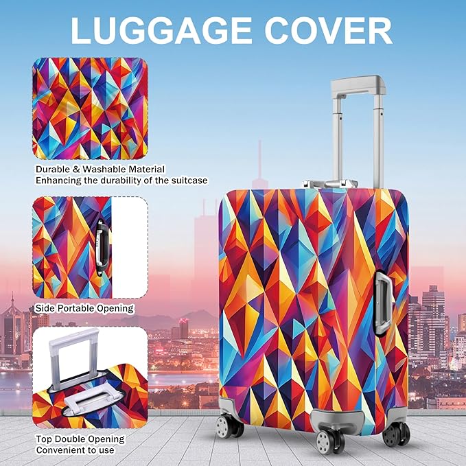 ANNA QUEEN Colorful Geometric Luggage Cover, Abstract Prism Pattern Suitcase Protector, Stretchable, Washable Travel Cover for 24-26 Inch Luggage, Bright, Durable & Eye-Catching