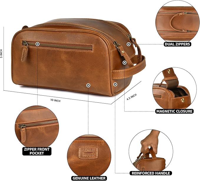 LEATHER VILLAGE Premium Leather Toiletry Travel Pouch With Waterproof Lining - Sun Tan | King-Size Handcrafted Vintage Dopp Kit Bag