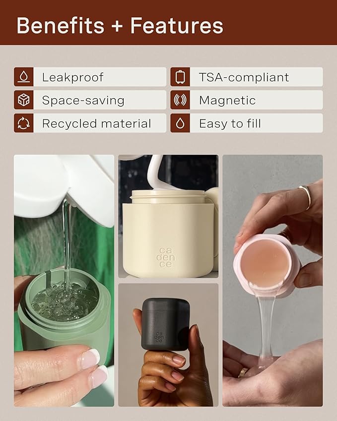 Cadence Travel Containers Haircare Capsule Set - Magnetic Containers with Lids,Carry On Travel Essentials For Women/Men - 3 Flex Mediums (1.32oz) - Shampoo, Conditioner & Comb Icon Labels - Sand