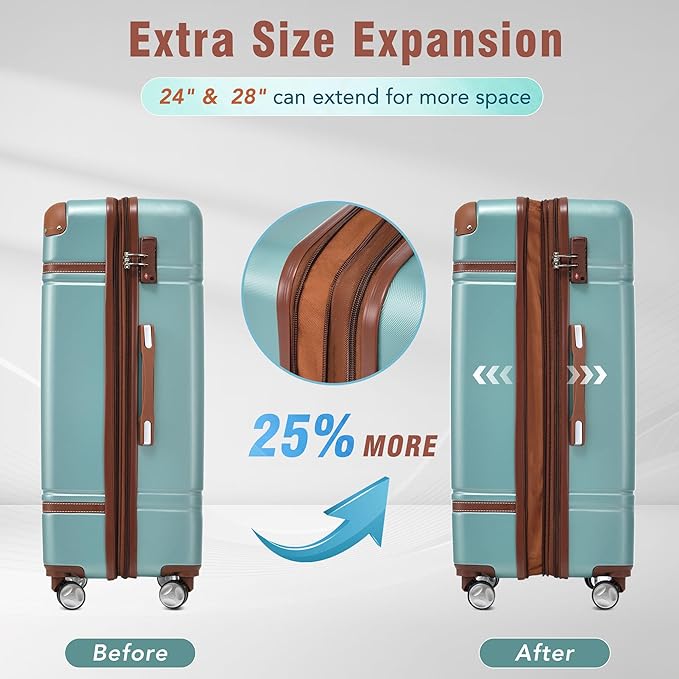 Merax Luggage Set 2 Piece Suitcase Set with Cosmetic Case Expandable Spinner Wheels Vintage Luggage Sets(Blue Green,20"+28")
