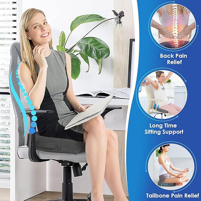 TushGuard Seat Cushion for Office Chair Memory Foam Non-Slip Desk Seat Cushion Back, Coccyx, Sciatica, Tailbone Pain Relief Butt Pillow for Office Chair, Car, Wheelchair, Grey