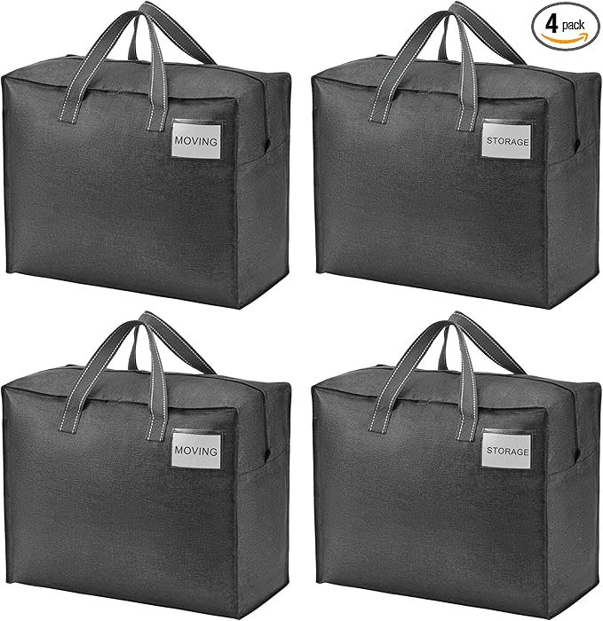 VENO 4 Pack Heavy Duty Moving Bags, Storage Bags, Packing Supplies, Top Zipper, Storage Totes for Camping, Clothes, Bedding, Comforters, Pillows (13 Gallon Dark Gray, 4 Pack)