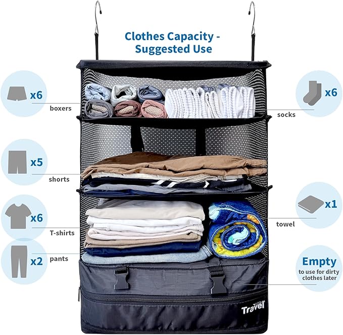 Grand Fusion Stow-N-Go Travel Luggage Organizer – Portable Hanging Travel Shelves, Carry-On Closet Organizer, Hanging Packing Cubes, Collapsible Carry-On Organizer for Cruises & Hotels. Black - XL