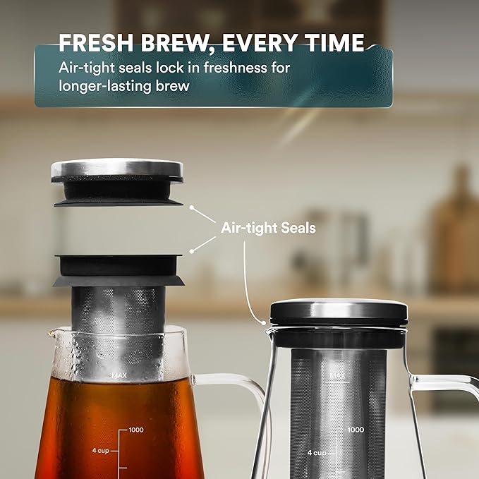 OVALWARE Airtight Cold Brew Iced Coffee Maker Pitcher and Tea Infuser with Spout - 1.0L / 34oz Ovalware RJ3 Brewing Glass Carafe with Removable Stainless Steel Filter