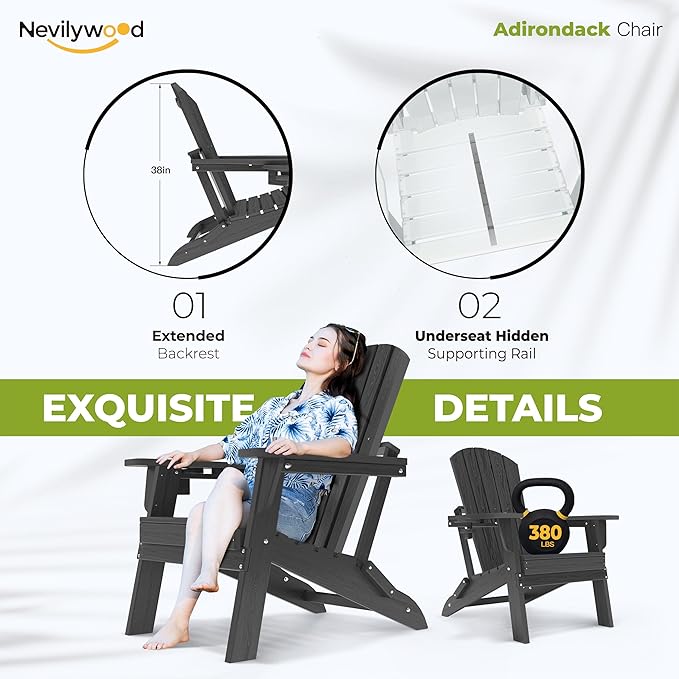 Folding Adirondack Chair, Ergonomic Extended Backrest, HDPE All-Weather, 400lbs Capacity, Maintenance-Free, Cup Holder, （Black）- Outdoor Patio & Firepit Chair