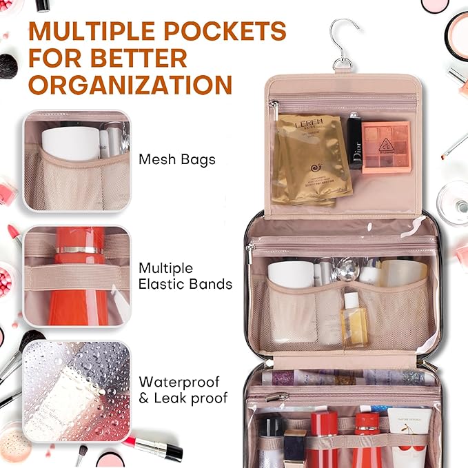 Hanging Toiletry Bag for Women Travel, 2 Sizes Large & Small Waterproof Cosmetic Organizer with 4 Compartments, Rotating Hook, Foldable Pink Travel Bag for Toiletries & Makeup - Large Black