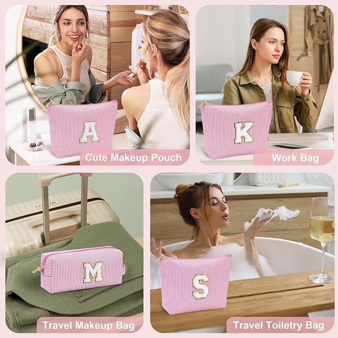 YOOLIFE Personalized Birthday Gifts for Women Teacher, Initial Cute Pink Cosmetic Makeup Bag Pouch Case Travel Toiletry Make Up Bag for Women Friends Female Friendship Girlfriend Wife Gifts Idea D