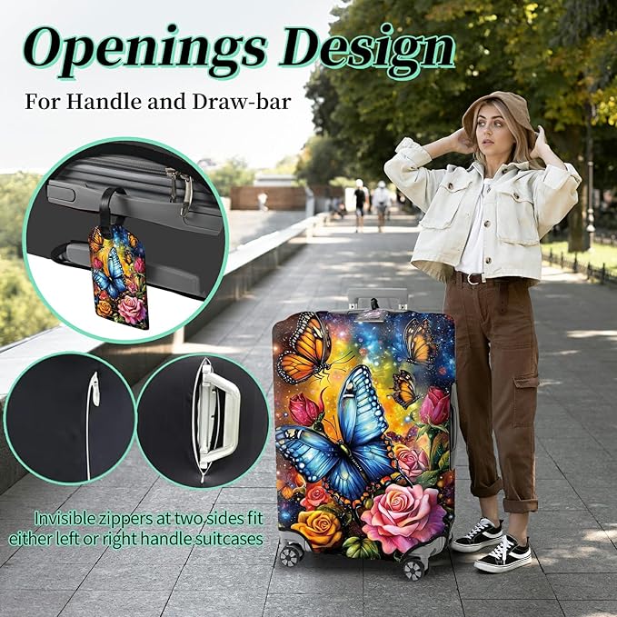 Luggage Cover + Tag, Colorful Rose Butterfly Travel Suitcase Cover for 24 inch Luggage (M) with Concealed Zipper, Washable Elastic Cloth, Dustproof, Anti-Scratch