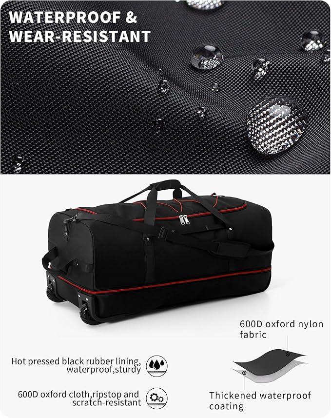 CONTAIL 32”110L Expandable 140L Rolling Duffle Bag with 2 Inline Wheels,Convertible Weekend Travel Bag with Bungee-Cord System,Black-red