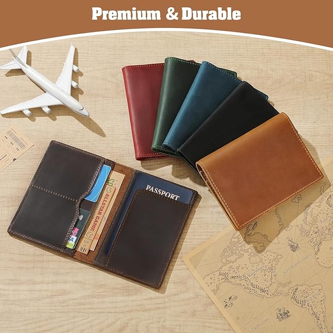 Jack&Chris Leather Passport Holder, Handmade Passport cover, Travel Wallet Cover Case for Men and Women, Leather Travel Documents Organizer Protector, Brown-Red, 2PC