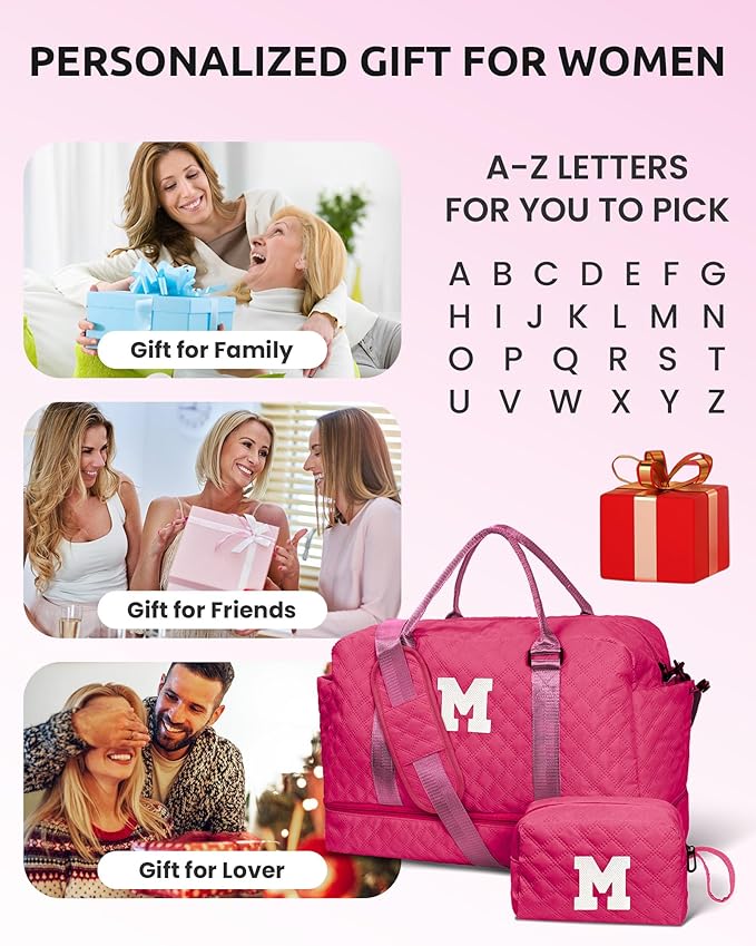 Ladies Gifts for Women, Birthday Gift-Initial Travel Bag with Shoe Compartment, Personalized Weekender Bag, Monogram Overnight Bag for Women, Letter Travel Bag with Makeup Bag (Letter H)