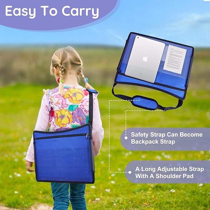 Kids Travel Tray, Kids Travel Trays for Car Seat, Road Trip Essentials for Toddler, Carseat Lap Tray with Dry Erase Board & Storage Organizer for Road Trip Activities for Kid, Blue