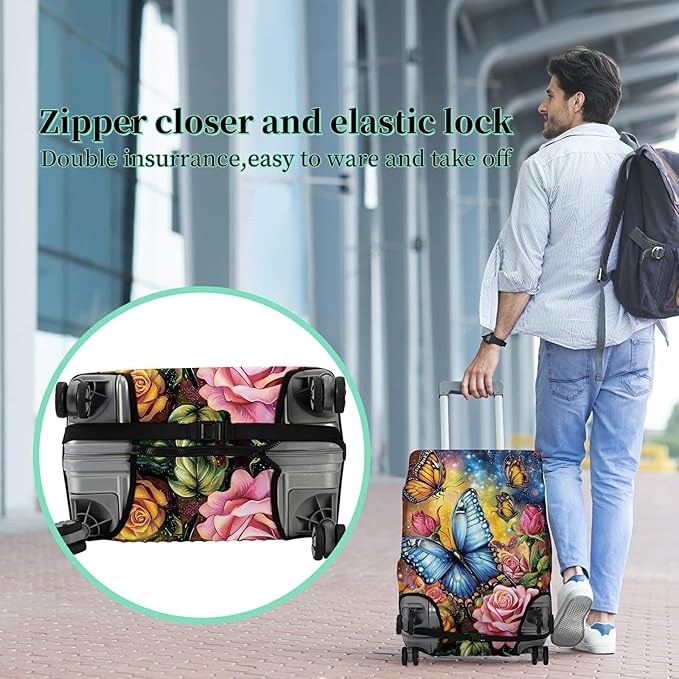 Suitcase Protector Plus 1 Luggage Tag, Colorful Rose Butterfly Travel Cover for 26-28 inch Luggage with Concealed Zipper Washable Elastic Cloth Dustproof Anti-Scratch