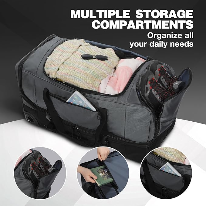 REDCAMP Large Rolling Duffle Bag with Wheels and Handle, 33-Inch Durable Heavy Duty Wheeled Travel Duffel Luggage, 2 Layers of Space
