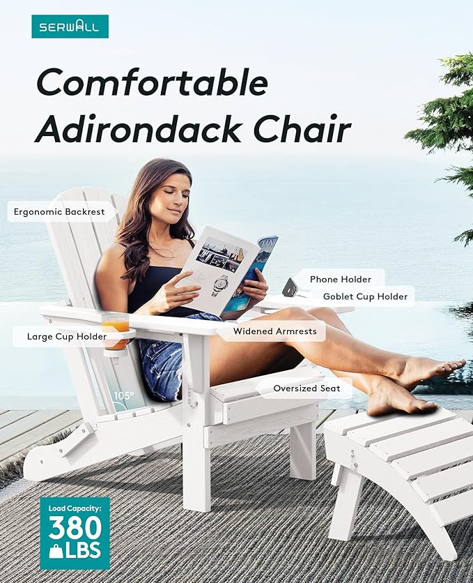 SERWALL Adirondack Chair with Cup Holders - Composite Adirondack Chairs Set of 6 HDPE Outdoor Chairs All Weather Use- White