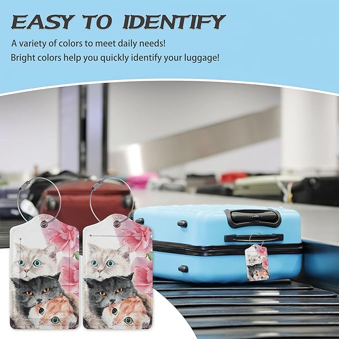 3 Pack Luggage Tag for Suitcase,Cute Funny Cat Leather Luggage Tags with Privacy Cover Name ID Label Identifiers Travel Bag Tags for Women Men Boys Girls