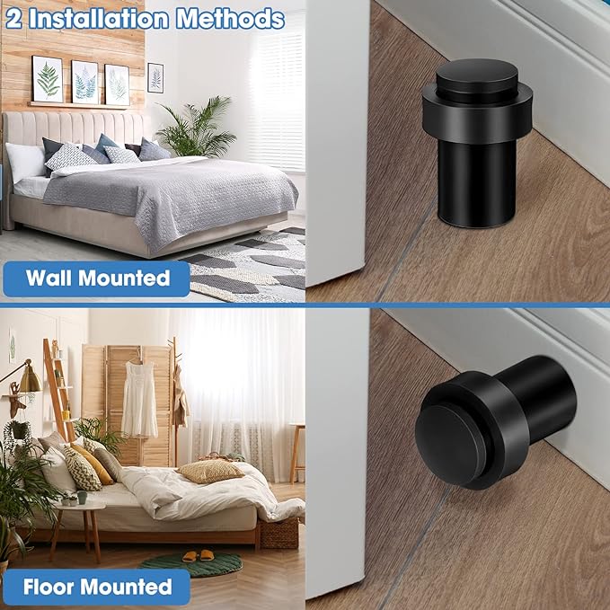 Chumia 6 Pcs Door Stopper Mounted Floor Stops Stainless Steel Cylindrical Stopper Modern Decorative Rubber Bumper Stops Holder Wall Protector for Bottom or Top of Door (Black)