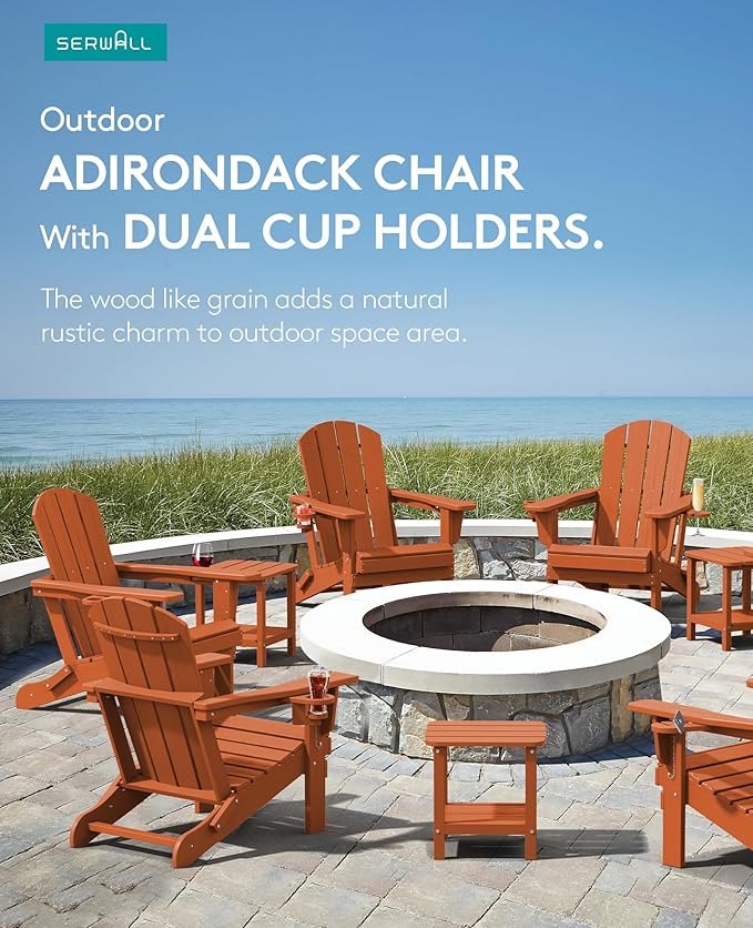 SERWALL Adirondack Chair with Cup Holders - Composite Adirondack Chairs Set of 2 HDPE Outdoor Chairs All Weather Use- Orange