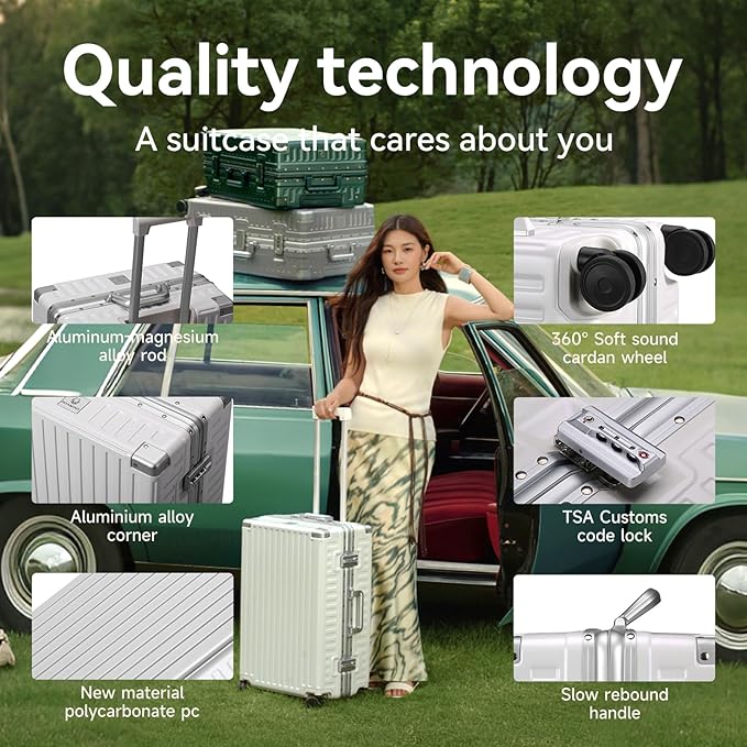 ROAMING Zipperless Luggage 22 Inch with Aluminum Frame, Polycarbonate Trunk-Medium Lightweight Hard Shell Suitcase with Spinner Wheels, Metal Travel Luggage with Double Tsa Locks, Shell white