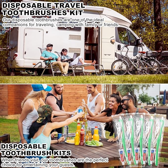 Disposable Toothbrushes with Toothpaste and Floss,200Pcs Green Single Use Individually Wrapped Disposable Travel Toothbrushes and Dental Floss Kit Bulk for Homeless,Airbnb,Hotel,Dentist