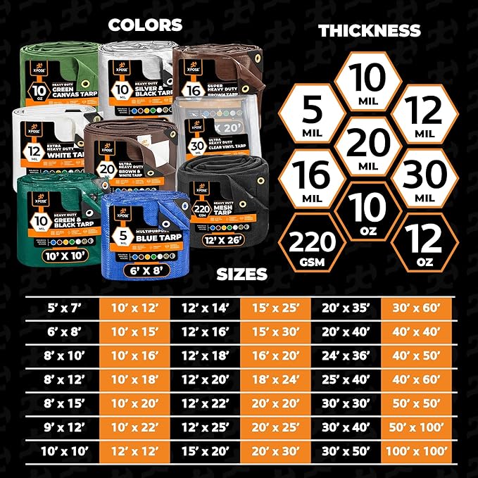 Multipurpose Protective Cover Brown Poly Tarp 10' x 16' - Durable, Water Resistant, Weather Resistant - 5 Mil Thick Polyethylene - by Xpose Safety