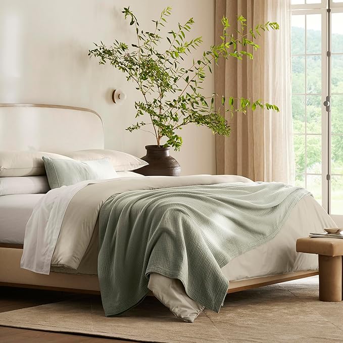 BOLL & BRANCH Dream Bed Blanket - King/Cal King, Sageleaf - Luxury 100% Organic Cotton - Soft, Lightweight and Breathable - Cloud-Like Touch