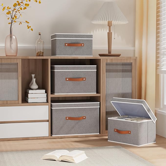 Fabric Storage Bins with Lids, Linen Foldable Clothes Boxes, Closet Organizer Containers with Double Handles, Baskets for Bedroom, Grey, 3 Pack, 13 x 9.1 x 7.9 Inch