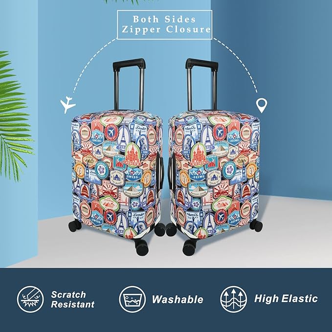 Explore Land Travel Luggage Cover Suitcase Protector Fits 27-30 Inch Case (Landmark Sticker, L)