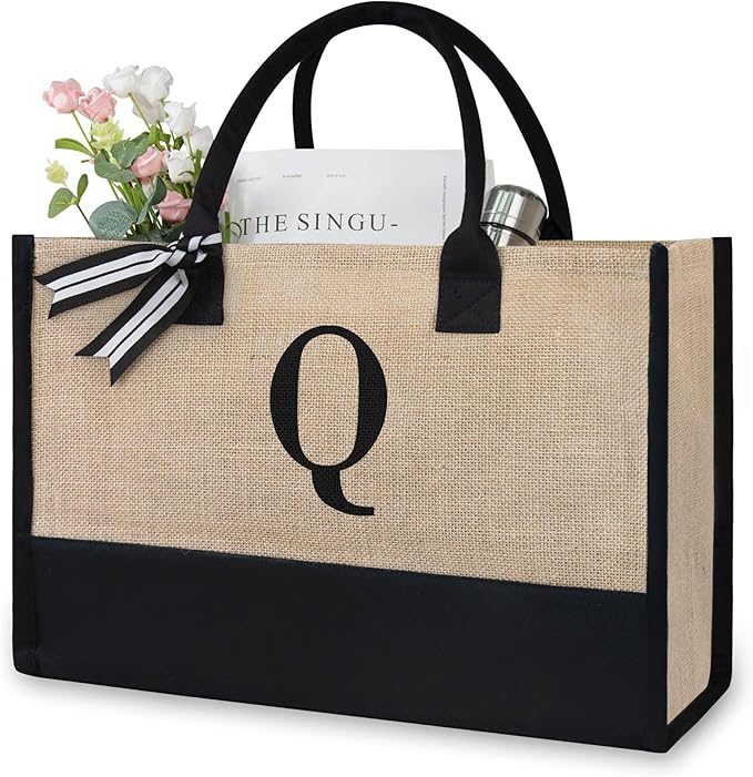 TOPDesign Initial Jute/Canvas Tote Bag, Personalized Present Bag, Suitable for Wedding, Birthday, Beach, Holiday, is a Great Gift for Women, Mom, Teachers, Friends, Bridesmaids (Letter Q)