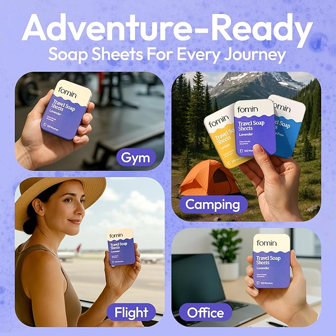FOMIN - Antibacterial Paper Soap Sheets Tin for Traveling - (100 Sheets) Lavender Portable Travel Hand Soap Sheet, Dissolvable Mini Camping Hand Soap for Hand Washing