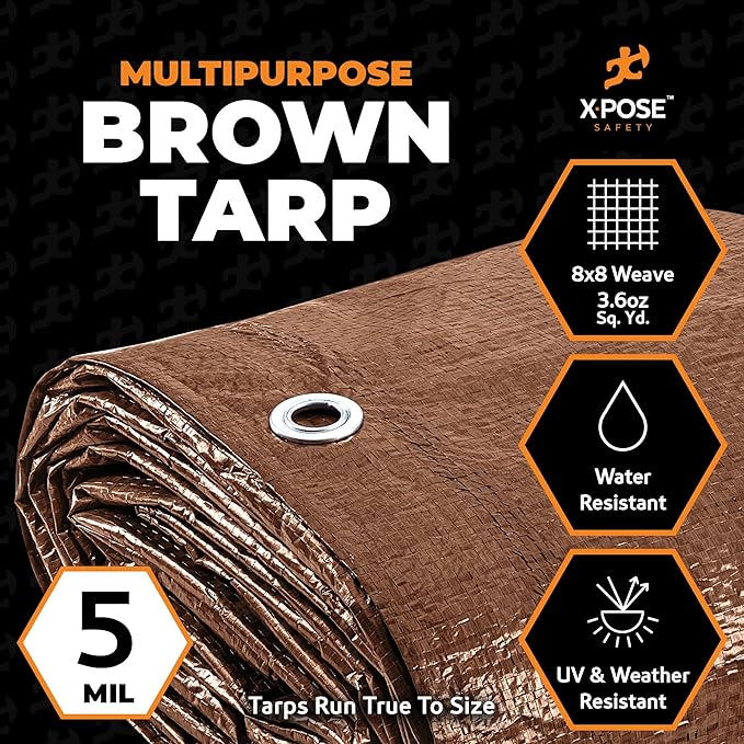 Multipurpose Protective Cover Brown Poly Tarp 5' x 7' - Durable, Water Resistant, Weather Resistant - 5 Mil Thick Polyethylene - by Xpose Safety