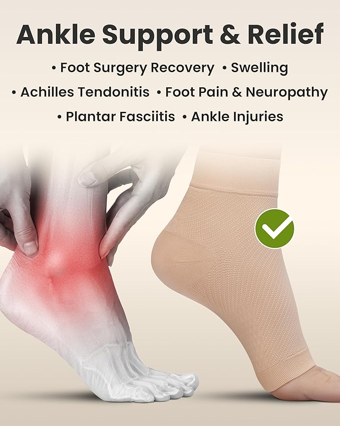 KEMFORD Ankle Compression Sleeve - 2-Pack, Plantar Fasciitis Braces - Open Toe Compression Socks for Swelling, Sprain, Neuropathy, Foot Arch Support for Men and Women - 20-30mmhg, M, Beige