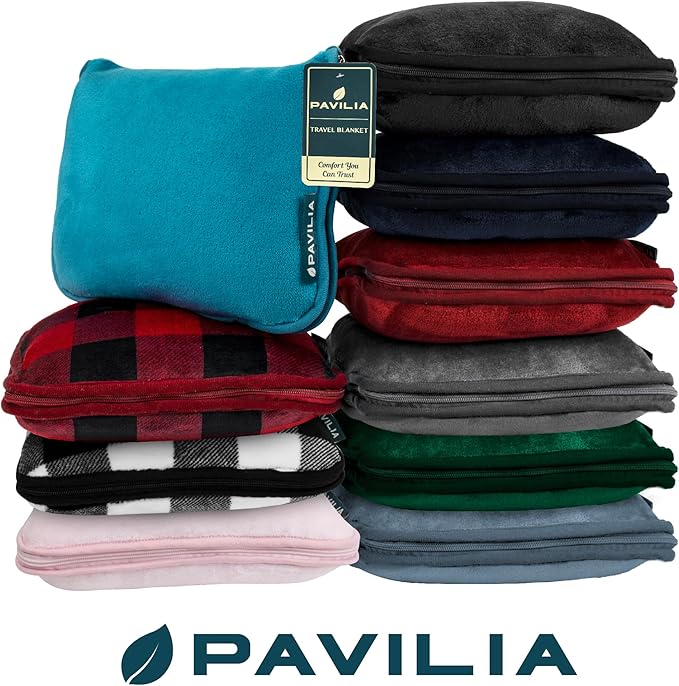 PAVILIA Travel Blanket Pillow, Soft Airplane Blanket 2-in-1 Combo Set, Plane Blanket Compact Packable, Flight Essentials Car Pillow, Travelers Gifts Accessories, Luggage Backpack Strap, 60x43 Black