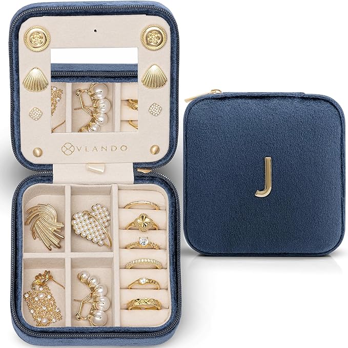 Vlando Birthday Gifts for Women Friendship, Personalized Initial Jewelry Box, Friendship Gifts for Women Friends, Travel Essentials Small Jewelry Box, Travel Box for Girls - Letter J, Dark Blue