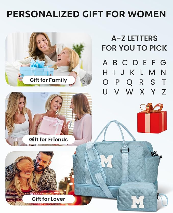 Gifts for Kids-Initial Duffle Bag with Shoe Compartment, Personalized Girls Weekender Bag, Monogram Overnight Bag for Women, Letter Travel Bag with Makeup Bag，Gift for Women Friend (Letter A)