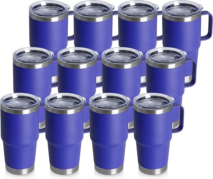HASLE OUTFITTERS 20oz Tumbler Bulk with Lid, Stainless Steel Tumbler Bulk with Handle, Metal Insulated Travel Coffee Mug Set with Handle, Double Wall Vacuum Leak Proof Tumbler Cup, Blue 12 Pack