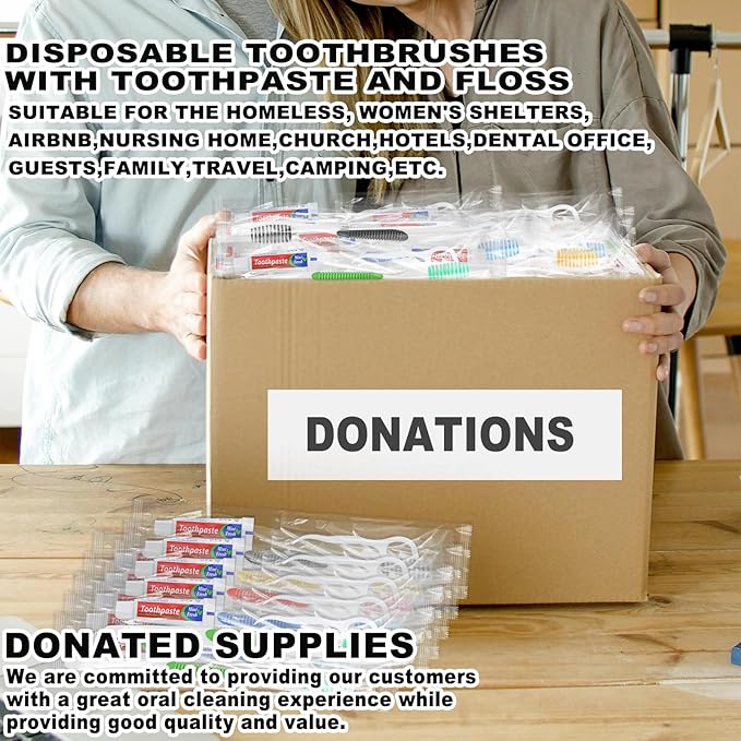 Disposable Toothbrushes with Toothpaste and Floss,50pcs Single Use Individually Wrapped Disposable Travel Toothbrushes and Dental Floss Kit Bulk for Homeless,Airbnb,Dentist,Hotel(5 Colors)