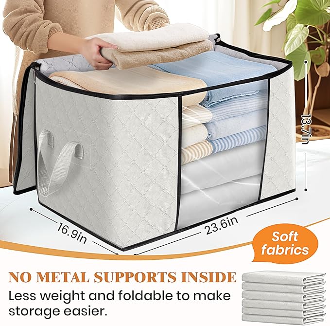 Fab totes 24 Gallons Clothes Storage, Foldable Thick Fabric Blanket Storage Bags, Containers for Organizing Bedroom, Closet, Clothing, Comforter, Organization with Handle (8 Pack,Ivory)