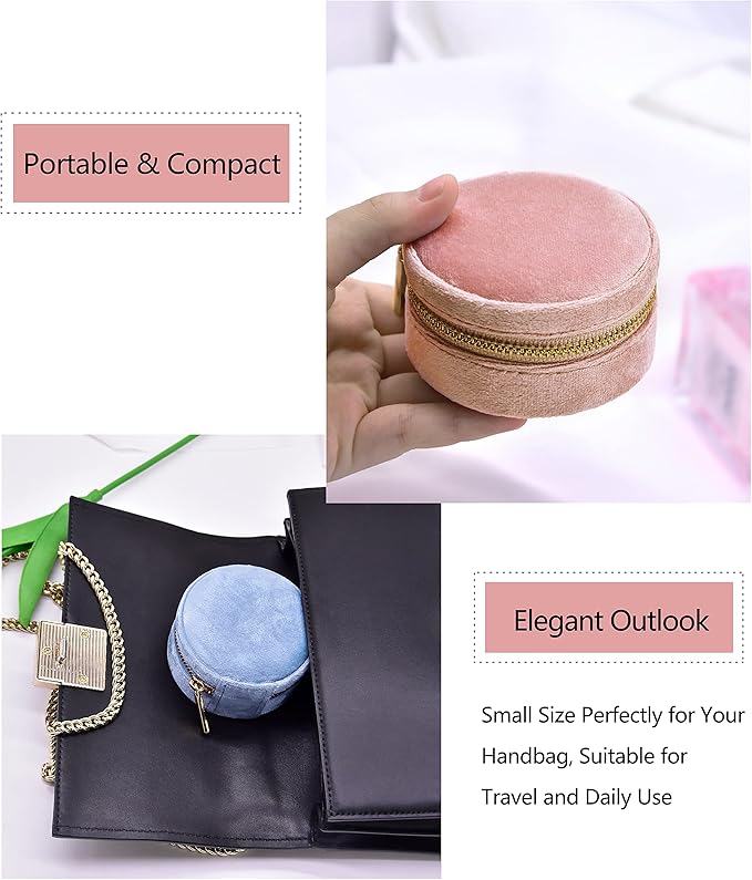 TAIMY Plush Velvet Travel Jewelry Box, Round Mini Travel Jewelry Case for Women Girls, Portable Mini Jewelry Travel Organizer Boxes for Rings Earrings Necklaces Bracelets(Ocean Blue)