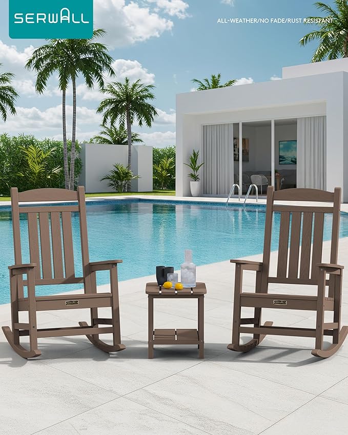 SERWALL Outdoor Rocking Chair Set of 2, HDPE Patio Rocking Chair All-Weather Porch Rocker for Balcony, Yard, Brown