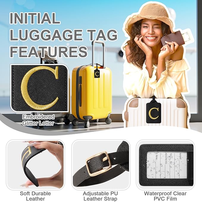 Personalized Initial Luggage Tags for Suitcase TSA Approved, Black Leather Cute Luggage Tag with Privacy Cover Name Card, Embroidered Custom Luggage Tags Travel Backpack Tags Gifts for Women Kids(C)
