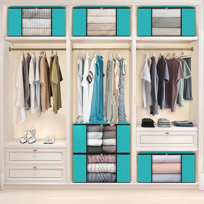 Fab totes 6 Pack Clothes Storage, Foldable Thick Fabric Blanket Storage Bags, Containers for Organizing Bedroom, Closet, Clothing, Comforter,Closet Organization with Handle,Green