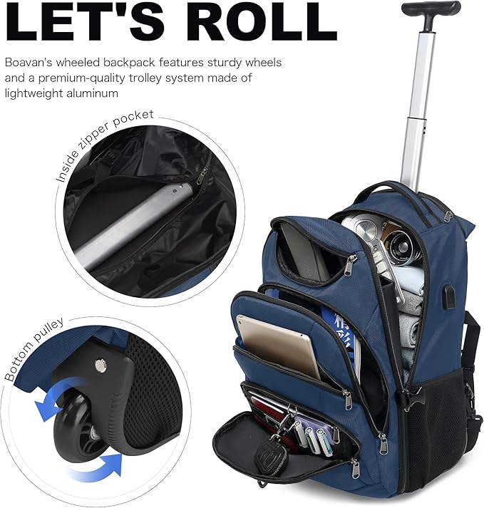 Boavan Rolling Backpack,17 inch Water Resistant Wheeled Backpack,Carry on Luggage Business Bag, Overnight College Computer bag Trolley Suitcase for Men Women Adults to Travel，Black